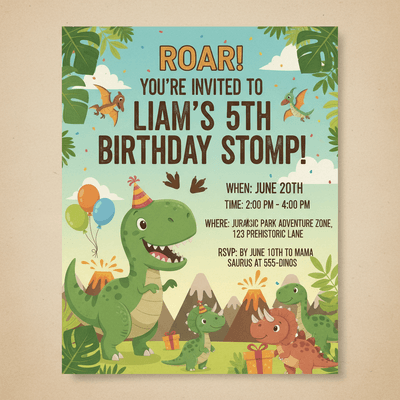Dinosaur birthday invitation personalized with guest name Liam